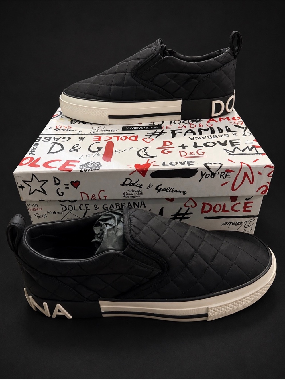 Dolce & Gabbana Quilted Slip-On Sneakers in Black and Cream
